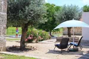 a table and a chair under an umbrella at Quinta Vale da Prata in Celorico da Beira