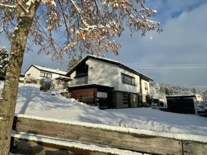 a house is covered in snow in a yard at Idyllische Villa mit Sauna auf der Alb in Gammertingen