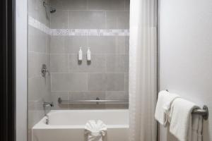 a bathroom with a shower and a white tub and a shower at Days Inn by Wyndham Columbus Worthington in Columbus +57 photos