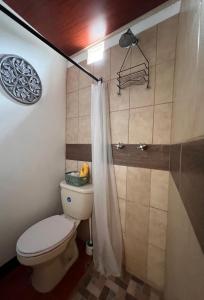 a bathroom with a toilet and a shower at Casa Alejandro de los caballeros in Antigua Guatemala