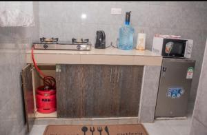 a kitchen with a counter with a stove and a refrigerator at LaDee Homes - 1 bedroom unit in Kakamega