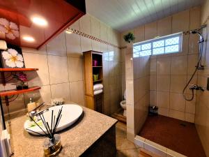a bathroom with a sink and a shower at TAHITI - Fenua Chill House in Afaahiti