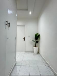un pasillo blanco con una maceta y una puerta en SUITOUISS - Agdal - Studio en plein cœur de Rabat à 5 minutes du grand mall Arribat Center - centre ville, en Rabat