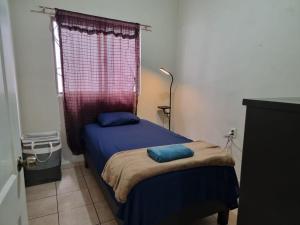 a bedroom with a bed with blue sheets and a window at Departamento Victoria in Saltillo