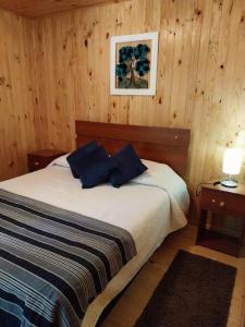 a bedroom with a bed with two blue pillows at Cabañas villa ojen la pinta número 4 in Caburgua +9 photos