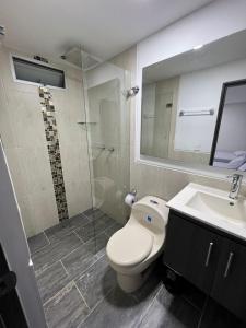 a bathroom with a toilet and a sink and a mirror at Hotel Casa Florida 70 Medellin in Medellín +26 photos