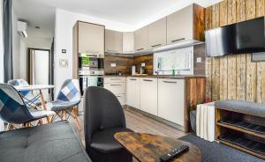 a kitchen and living room with a couch and a table at Apartmány K&K in Liptovský Hrádok