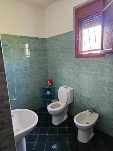 a green bathroom with a toilet and a sink at Asja's Apartment Vlore in Vlorë