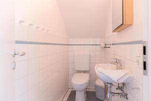 a white bathroom with a toilet and a sink at Haus NÖCK in Wustrow +25 photos