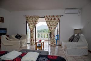 a living room with a couch and a large window at Mountain Apartments in Anse Etoile