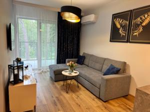 ein Wohnzimmer mit Sofa und Tisch in der Unterkunft Międzywodzie Plażowa Park Gold in Międzywodzie