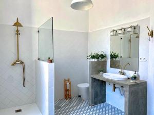 a bathroom with a sink and a toilet and a mirror at Casa dos Caminhos de Santiago in Mosteiró +54 photos