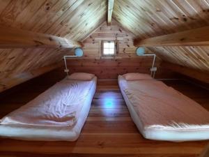 a bedroom with two beds in a wooden cabin at Czerwony Domek pod lasem in Dziemiany