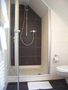 a bathroom with a shower and a toilet at Hotel Restaurant Daute in Iserlohn +8 photos