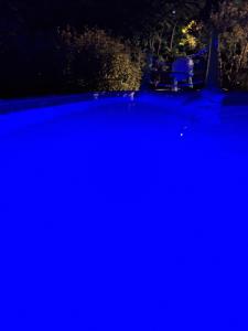 a blue boat in the water at night at Pitchoun in Grasse