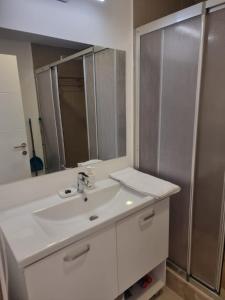 a bathroom with a white sink and a mirror at Garsoniera 23 august in Douăzeci şi Trei August