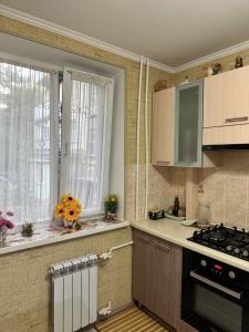 una cocina con estufa horno superior al lado de una ventana en Modern Apartment - Calm Location - Boat in the Yard, en Chişinău 6 fotos más