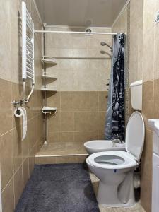 un baño con inodoro y ducha en Modern Apartment - Calm Location - Boat in the Yard, en Chişinău