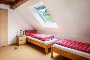 a attic room with two beds and a skylight at Sport Rees - Ferienwohnung Anna in Hofsgrund