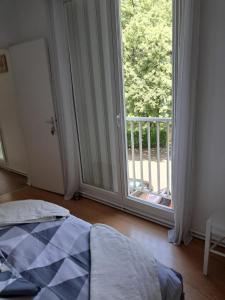 a bedroom with a bed and a large window at Chambre CHU PURPAN in Toulouse +6 photos