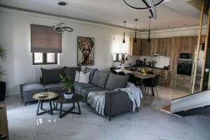 a living room with a couch and a kitchen at Villa Panorama in Astakos