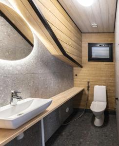 un baño con lavabo e inodoro en Syöte Ski Villa, en Syöte 18 fotos más