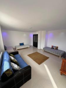 スキクダにあるAppartement F3 Bouzaaroura Skikdaのリビングルーム(青いソファ、枕付)