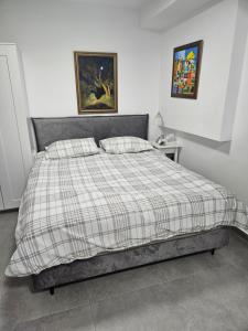 a bed with a plaid blanket and two pillows at סטודיו במרכז מודיעין in Modi'in-Maccabim-Re'ut +4 photos