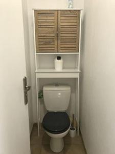 ein Bad mit einem WC und einem Regal darüber in der Unterkunft Maison de vacance proche de la plage in La Brée-les-Bains + 25 Fotos