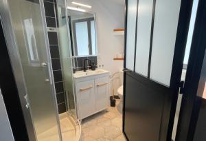 a small bathroom with a sink and a mirror at Le Parvis de PONT-AVEN in Pont-Aven +20 photos