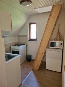 a small kitchen with a stove and a microwave at Chatka Terezka in Žilina