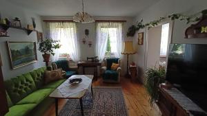 a living room with a green couch and a table at Urlaub mit Charme in der kleinsten Stadt der Pfalz. in Obermoschel