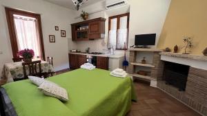 a kitchen with a green table and a fireplace at La Chiusa dei Monaci in Castelmuzio