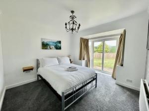 a bedroom with a bed with a chandelier and a window at Rodgers Land (The Bungalow) in Boston