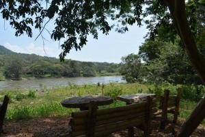 a picnic table and a bench next to a river at Paraiso del Cauca in Jericó +50 photos