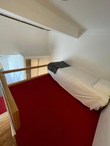 a small room with a bed and a red carpet at Brit Hotel Marvejols in Marvejols