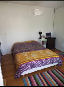 een slaapkamer met een bed en een tapijt op de vloer bij Le bon coin in Bordeaux