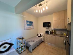 a small room with a bed and a kitchen at F & B Collection - Alonnisos in Patitiri