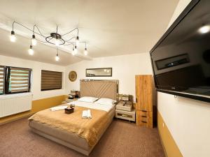 a bedroom with a bed and a flat screen tv at Golden Escape - Charming Studio in Prime Location in Craiova