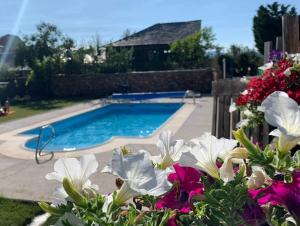 ein Swimmingpool in einem Garten mit Blumen in der Unterkunft Cornatel Médulas in Borrenes