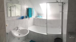 a white bathroom with a shower and a sink at Ferienland Sonnenwald FEWO 46 in Schöfweg