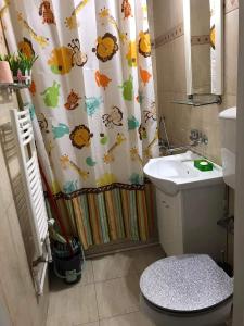 a bathroom with a shower curtain with a toilet and a sink at Exceptional Apartment - Gara de Nord in Bucharest +14 photos
