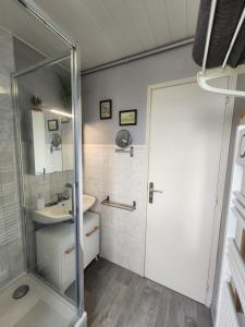 カーンにあるLe Pti't Normand - Studio Cosy à la Gareのシャワーと洗面台付きのバスルーム