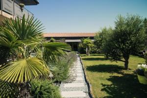 Un jardín con palmeras y una casa. en Maison privée provençale, en Rochefort-du-Gard