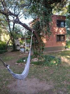 a hammock hanging from a tree in front of a house at Casa en Villa Los Aromos cerca del río in Villa Los Aromos