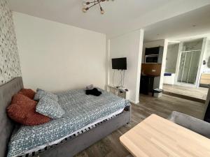 a bedroom with a bed and a table in it at Appartement Romantique - 044 in Rouen