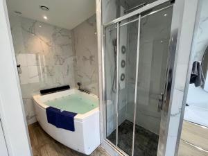 a bathroom with a tub and a shower at Appartement Romantique - 044 in Rouen +6 photos