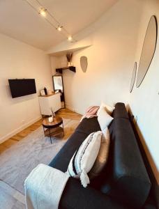 a living room with a black couch and a tv at Le Cosy Du Roi, WIFI,GARE,PARIS in Versailles +23 photos