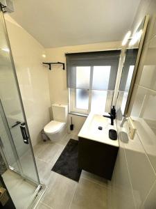 a bathroom with a toilet and a sink and a shower at Ático Playa Foz con Terraza in Foz