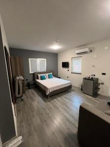 a bedroom with a bed and a television in it at Edelweiss Villa Trpejca in Ohrid +131 photos